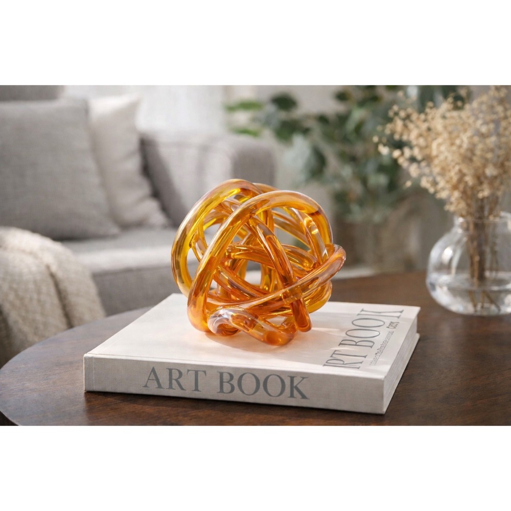 Modern Amber Art Glass Knot Orb Sculpture Smooth Minimalist Decor 7"